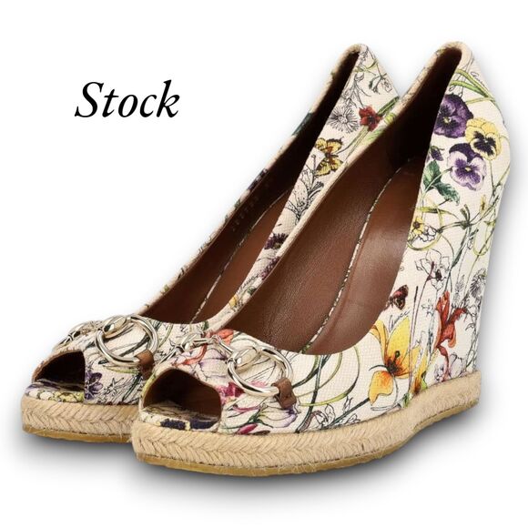 Gucci - Floral Canvas & Peep Toe Wedge Espadrilles w/ Box, Size EU 36 or US 5.5 - Picture 12 of 14